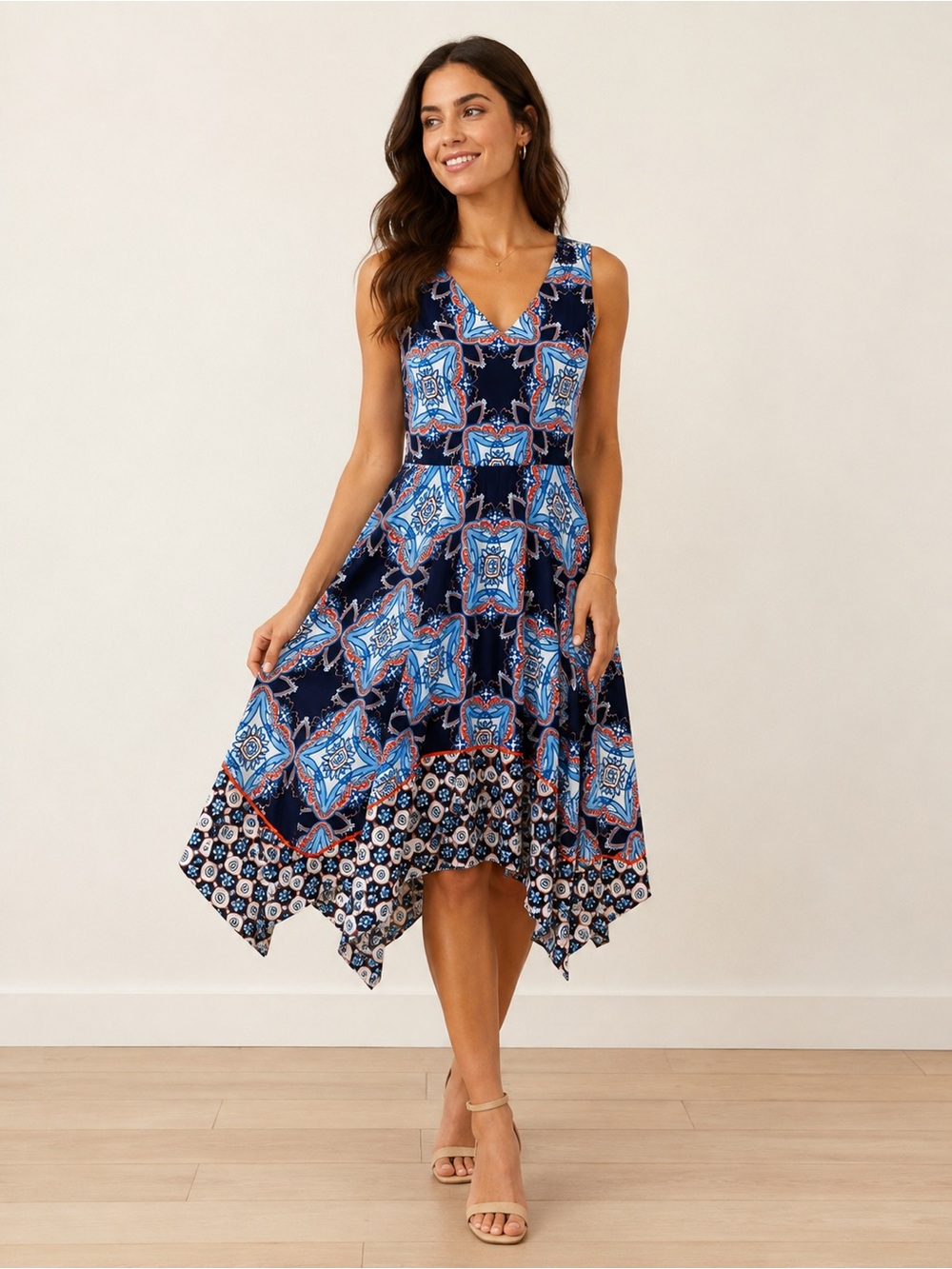 Maggy London Size 6 Navy Blue Medallion Print Handkerchief Hem Midi Dress